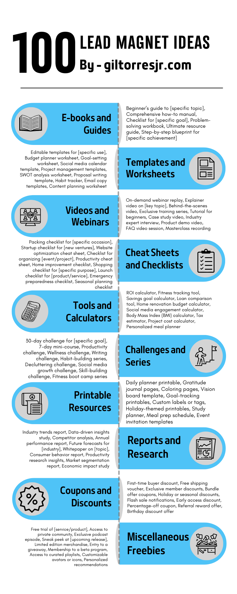 Infographic showing 100 creative lead magnet ideas to grow an email list, capture attention, and offer value.